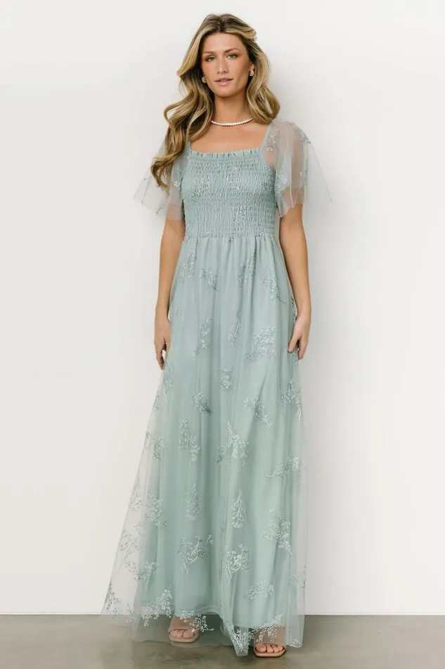 Women Cassandra Tulle Maxi Dress Sage Sparkle Baltic Born Embellished and Sequined