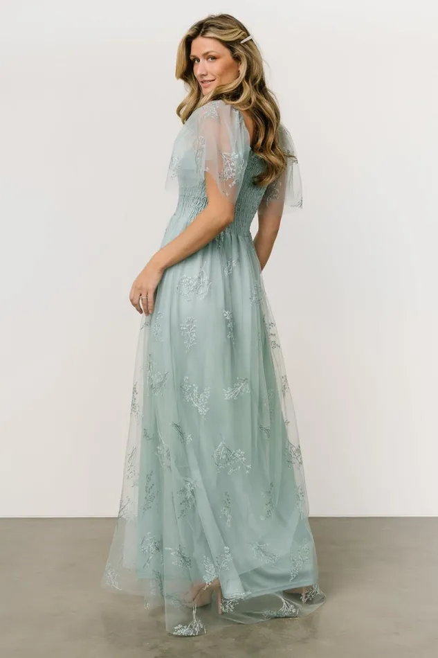 Women Cassandra Tulle Maxi Dress Sage Sparkle Baltic Born Embellished and Sequined
