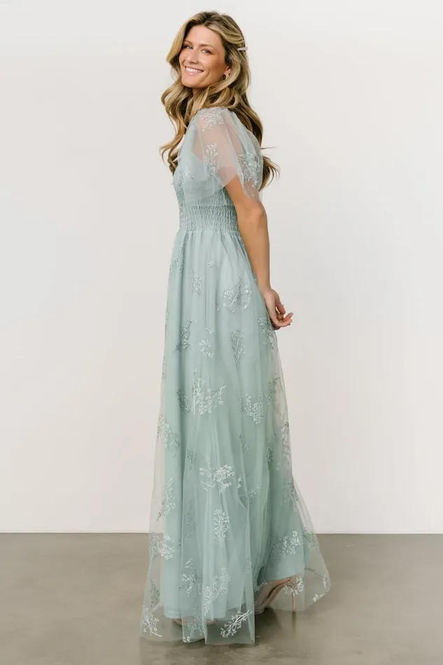Women Cassandra Tulle Maxi Dress Sage Sparkle Baltic Born Embellished and Sequined