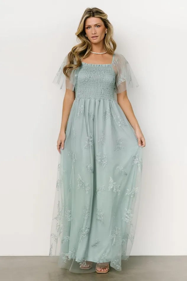 Women Cassandra Tulle Maxi Dress Sage Sparkle Baltic Born Embellished and Sequined