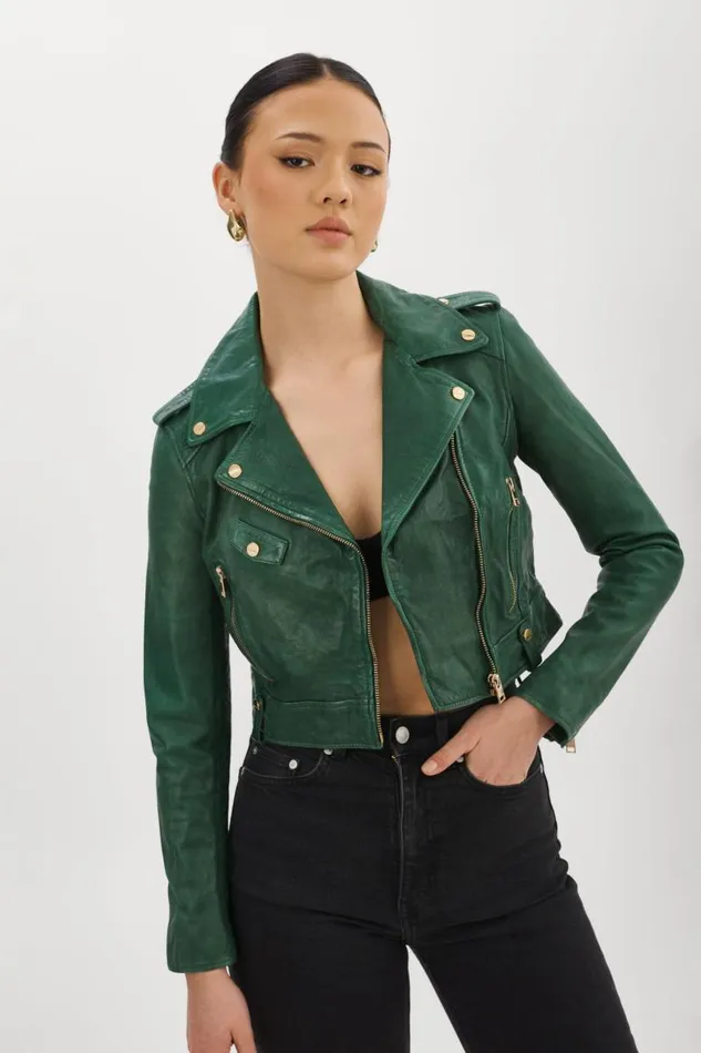 Women CIARA GOLD Cropped Leather Biker Jacket Bottle Green LAMARQUE Leather Jackets