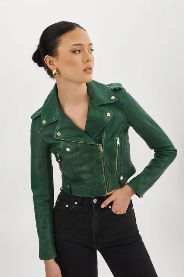 Women CIARA GOLD Cropped Leather Biker Jacket Bottle Green LAMARQUE Leather Jackets Women CIARA GOLD Cropped Leather Biker Jacket Bottle Green LAMARQUE Leather Jackets