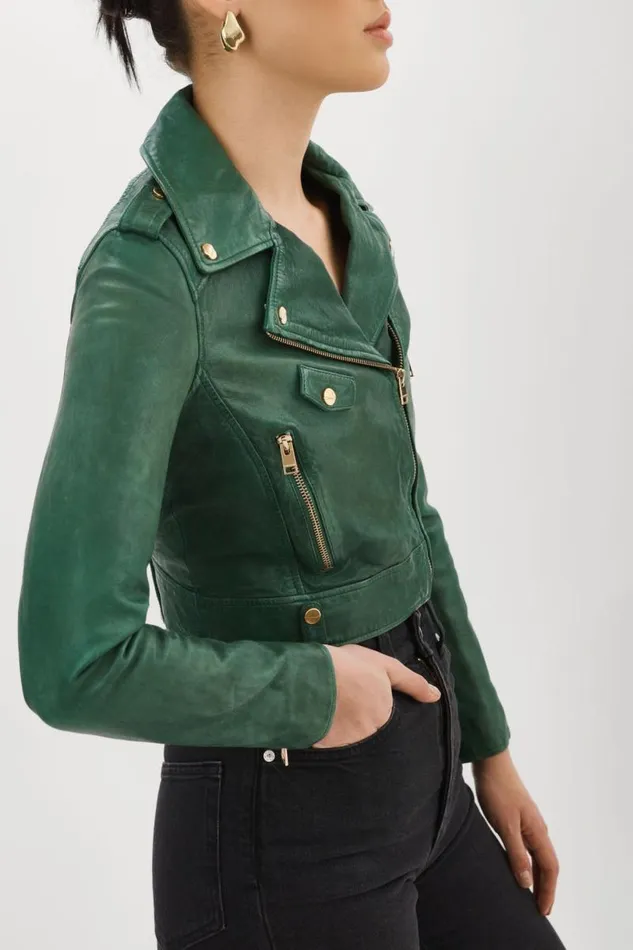 Women CIARA GOLD Cropped Leather Biker Jacket Bottle Green LAMARQUE Leather Jackets Women CIARA GOLD Cropped Leather Biker Jacket Bottle Green LAMARQUE Leather Jackets