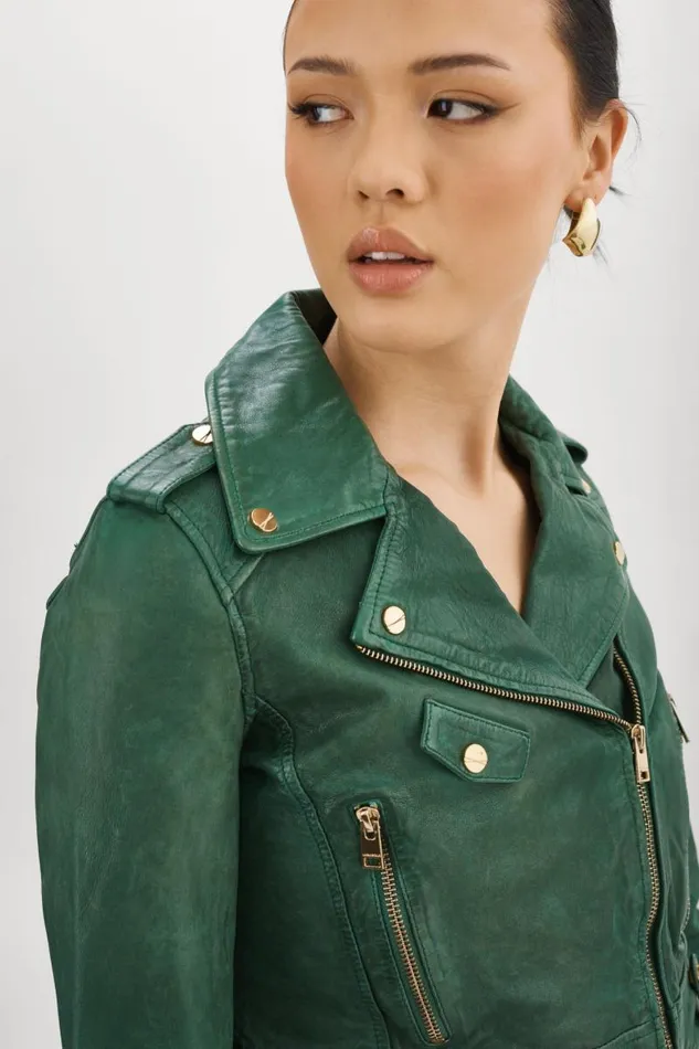 Women CIARA GOLD Cropped Leather Biker Jacket Bottle Green LAMARQUE Leather Jackets Women CIARA GOLD Cropped Leather Biker Jacket Bottle Green LAMARQUE Leather Jackets