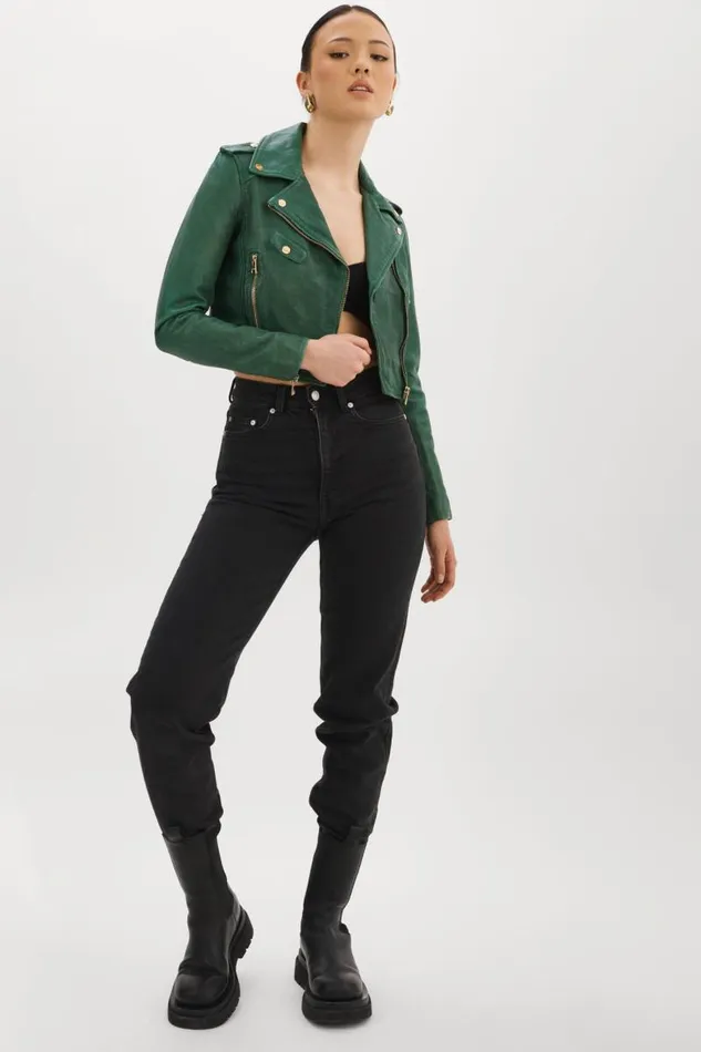 Women CIARA GOLD Cropped Leather Biker Jacket Bottle Green LAMARQUE Leather Jackets Women CIARA GOLD Cropped Leather Biker Jacket Bottle Green LAMARQUE Leather Jackets