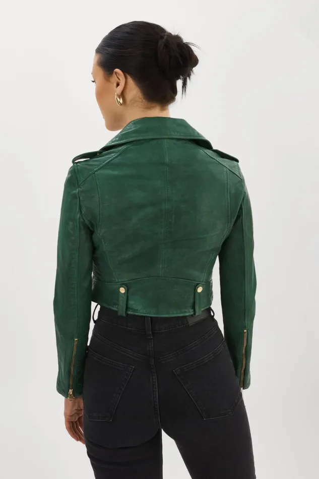 Women CIARA GOLD Cropped Leather Biker Jacket Bottle Green LAMARQUE Leather Jackets Women CIARA GOLD Cropped Leather Biker Jacket Bottle Green LAMARQUE Leather Jackets
