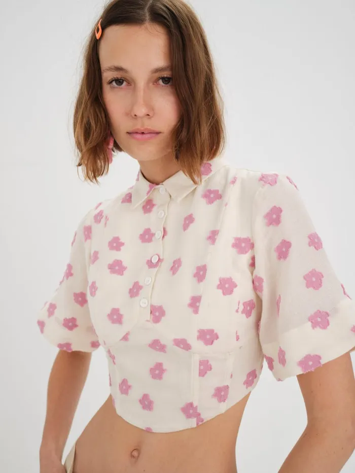 Women Clover Short Sleeve Corset Top Pink For Love and Lemons Tops