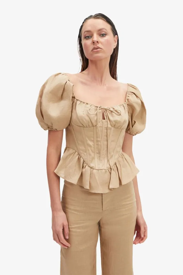 Women Corsets Bardot Esra Puff Sleeve Corset Top In Latte Latte Women Corsets Bardot Esra Puff Sleeve Corset Top In Latte Latte