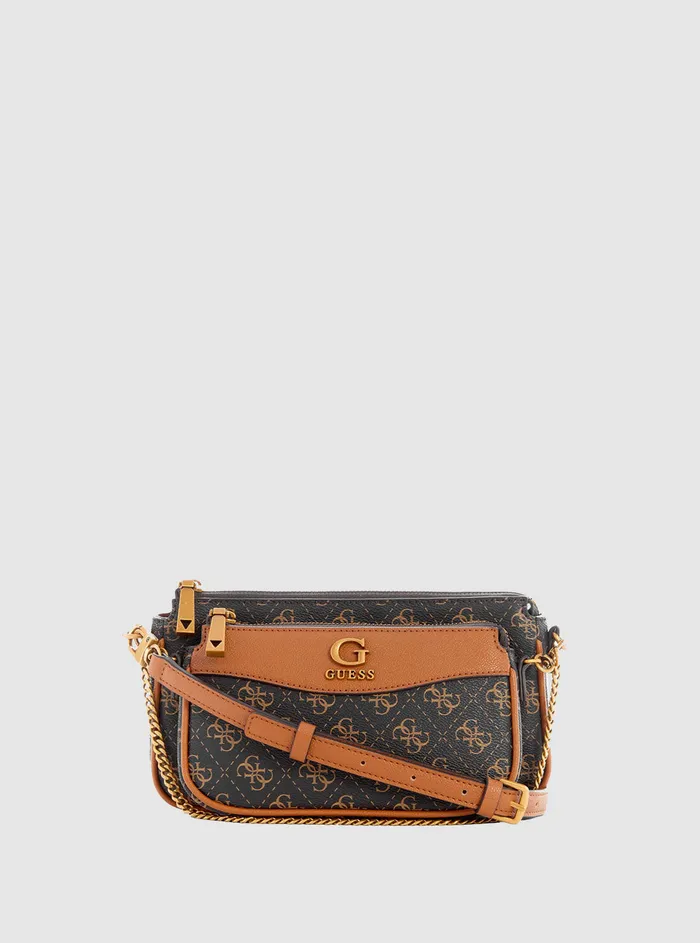 Women Crossbody GUESS Brown Logo Nell Crossbody Pouch Bag