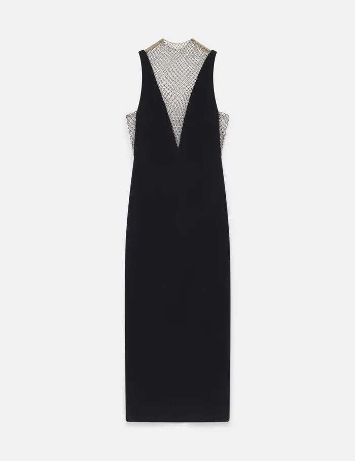 Women Crystal Mesh Deep V Midi Dress Midnight Black Stella McCartney Dresses