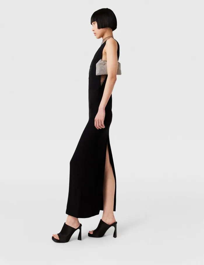 Women Crystal Mesh Deep V Midi Dress Midnight Black Stella McCartney Dresses Women Crystal Mesh Deep V Midi Dress Midnight Black Stella McCartney Dresses