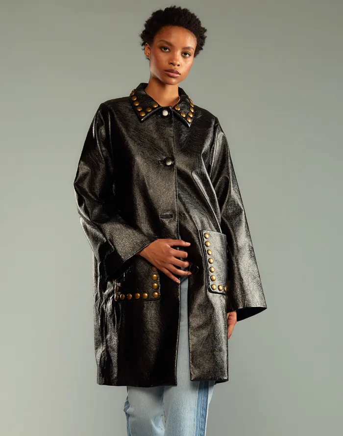 Women Cynthia Rowley Outerwear Studded Vegan Leather Coat Patblk
