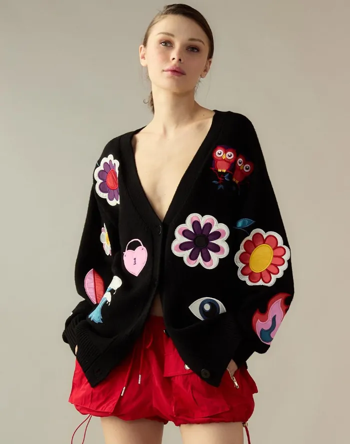Women Cynthia Rowley Tops Playful Patchwork Cardigan Black