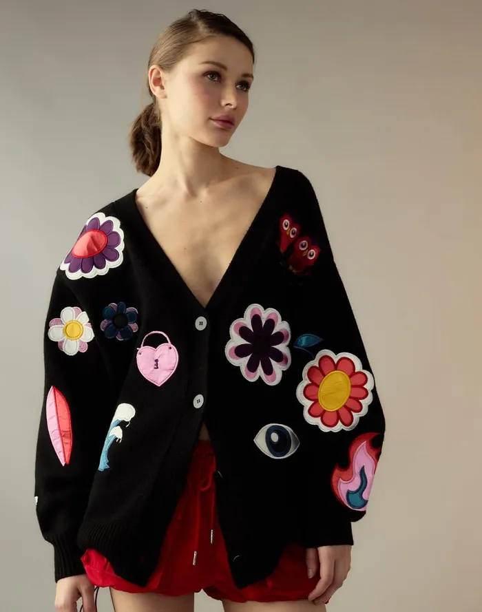 Women Cynthia Rowley Tops Playful Patchwork Cardigan Black
