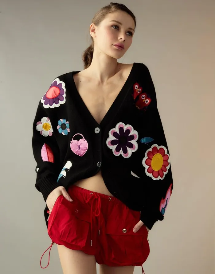 Women Cynthia Rowley Tops Playful Patchwork Cardigan Black