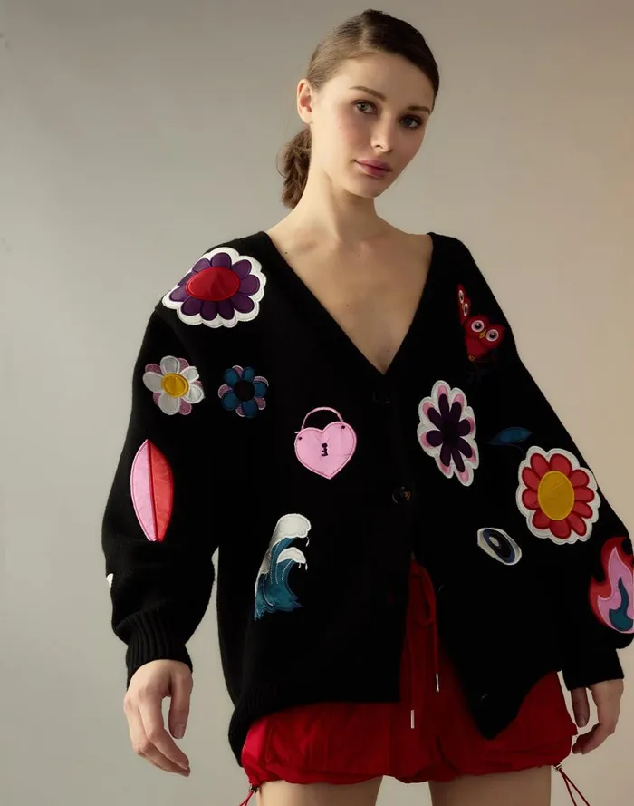 Women Cynthia Rowley Tops Playful Patchwork Cardigan Black