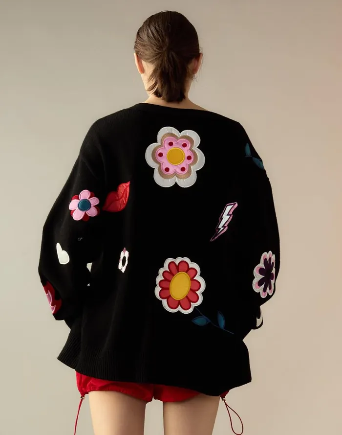 Women Cynthia Rowley Tops Playful Patchwork Cardigan Black