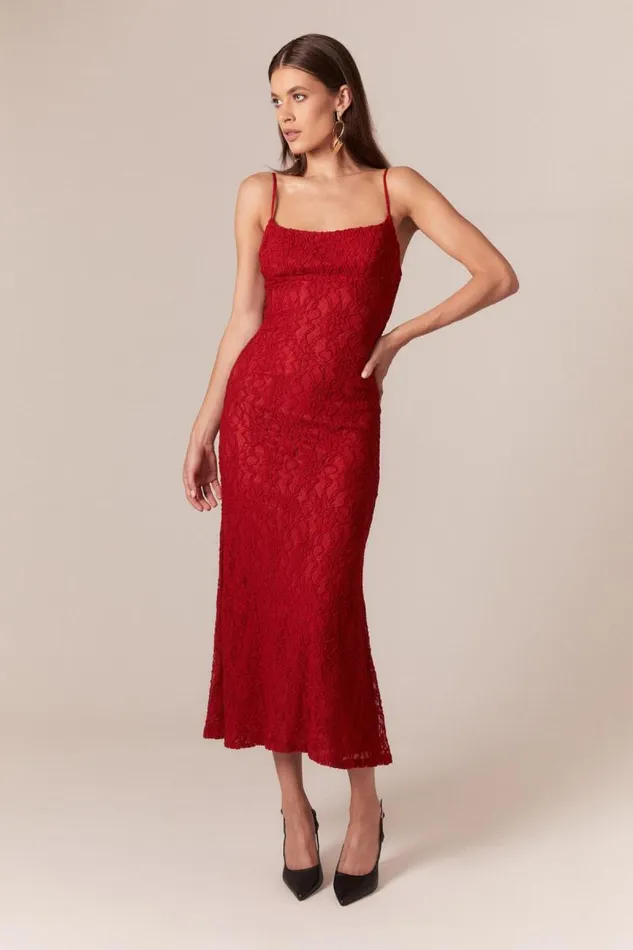 Women Day To Night Dresses Bardot Ruby Lace Midi Dress In Red Red