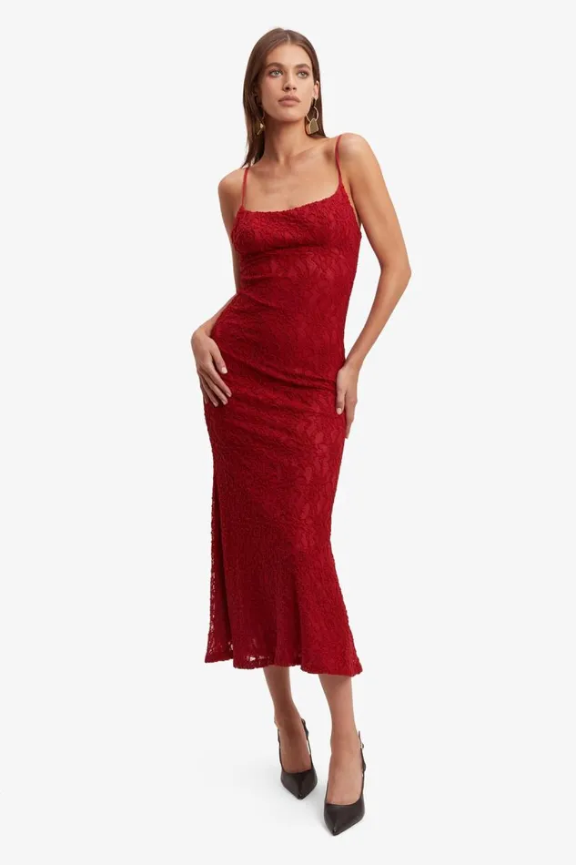 Women Day To Night Dresses Bardot Ruby Lace Midi Dress In Red Red