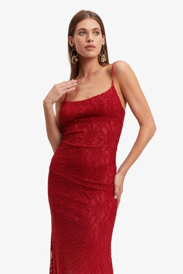Women Day To Night Dresses Bardot Ruby Lace Midi Dress In Red Red