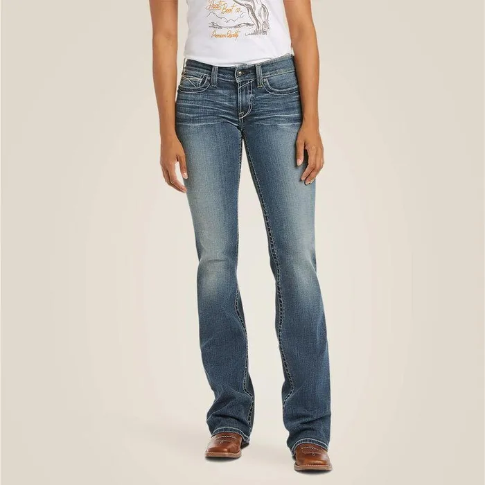 Women Denim Ariat REAL Mid Rise Stretch Whipstitch Boot Cut Jean Rainstorm