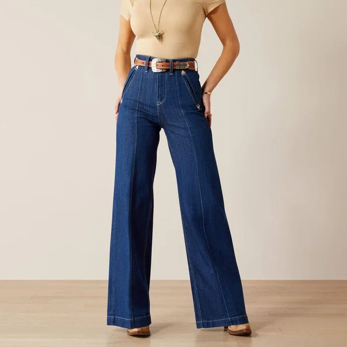 Women Denim Ariat Ultra High Rise Bria Wide Leg Jeans Low Dip Rinse