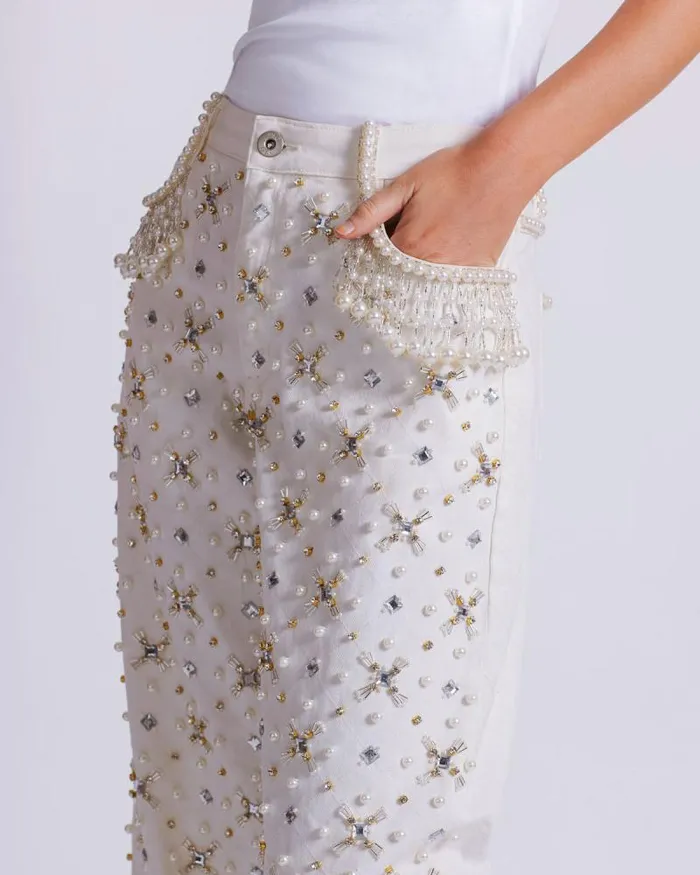 Women Denim PatBO Beaded Wide Leg Jeans FINAL SALE White