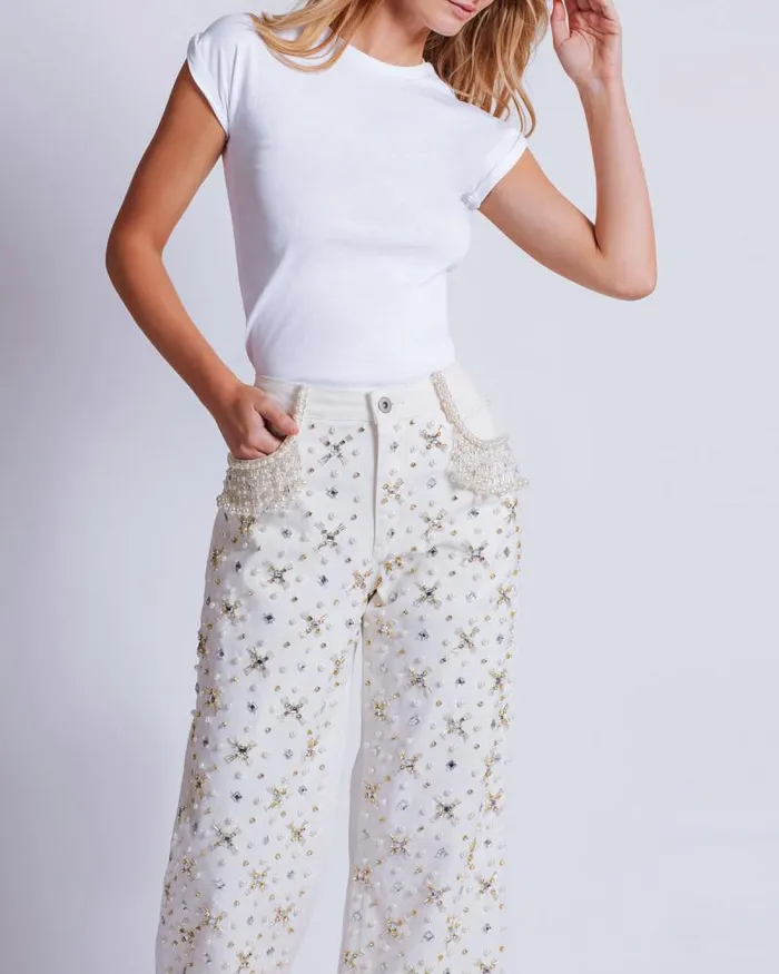 Women Denim PatBO Beaded Wide Leg Jeans FINAL SALE White