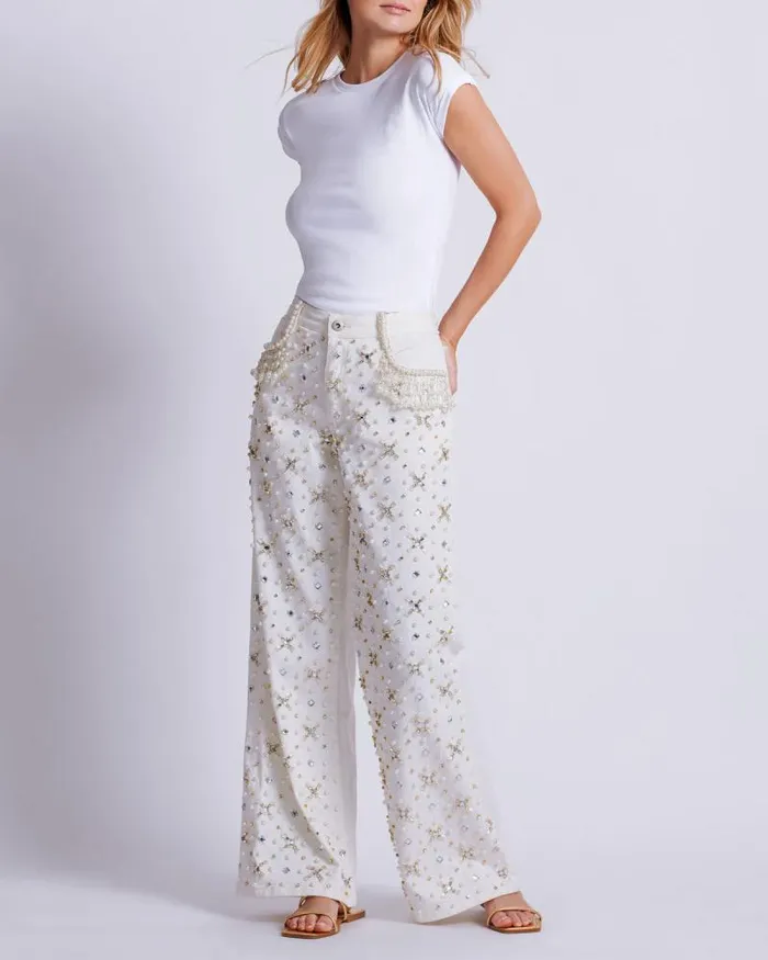 Women Denim PatBO Beaded Wide Leg Jeans FINAL SALE White