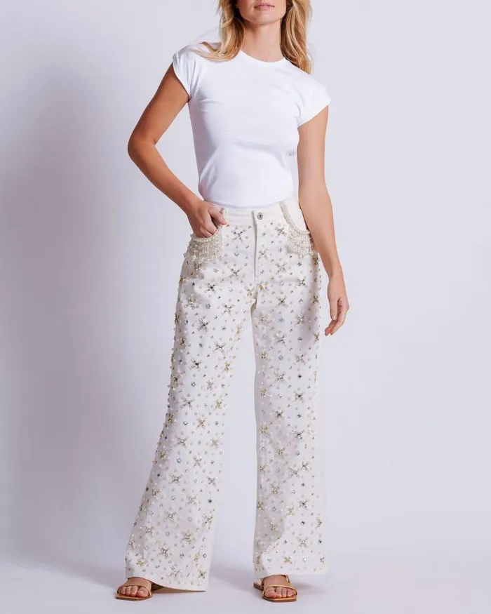 Women Denim PatBO Beaded Wide Leg Jeans FINAL SALE White