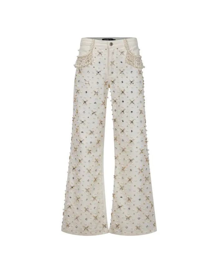 Women Denim PatBO Beaded Wide Leg Jeans FINAL SALE White