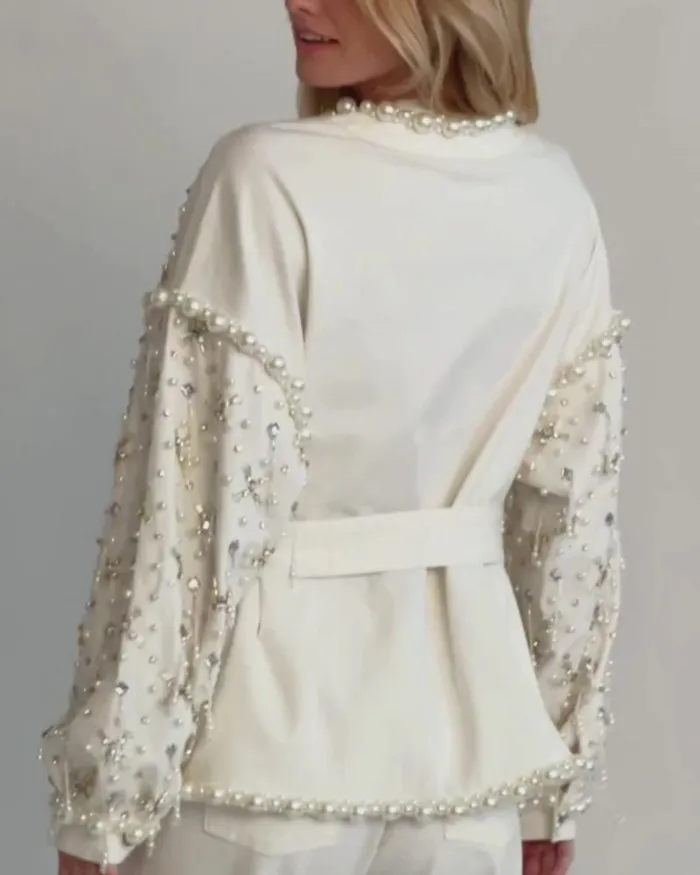 Women Denim PatBO Beaded Wide Leg Jeans FINAL SALE White