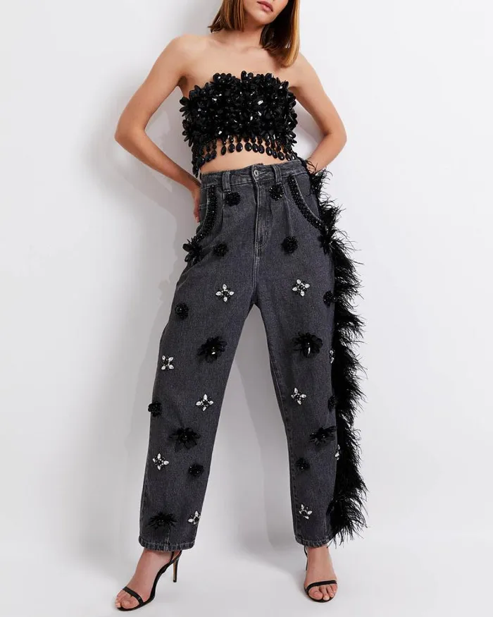 Women Denim PatBO HANDBEADED JEANS WITH FEATHER TRIM FINAL SALE Black