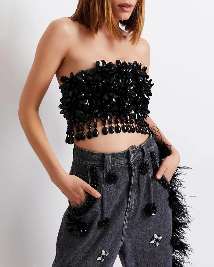 Women Denim PatBO HANDBEADED JEANS WITH FEATHER TRIM FINAL SALE Black