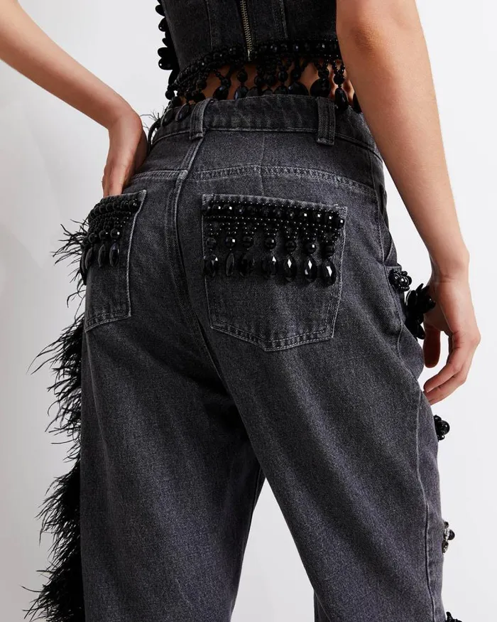 Women Denim PatBO HANDBEADED JEANS WITH FEATHER TRIM FINAL SALE Black
