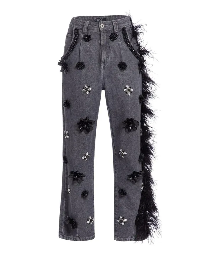 Women Denim PatBO HANDBEADED JEANS WITH FEATHER TRIM FINAL SALE Black