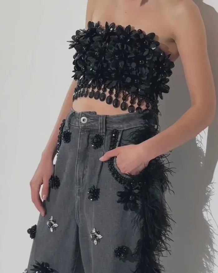 Women Denim PatBO HANDBEADED JEANS WITH FEATHER TRIM FINAL SALE Black