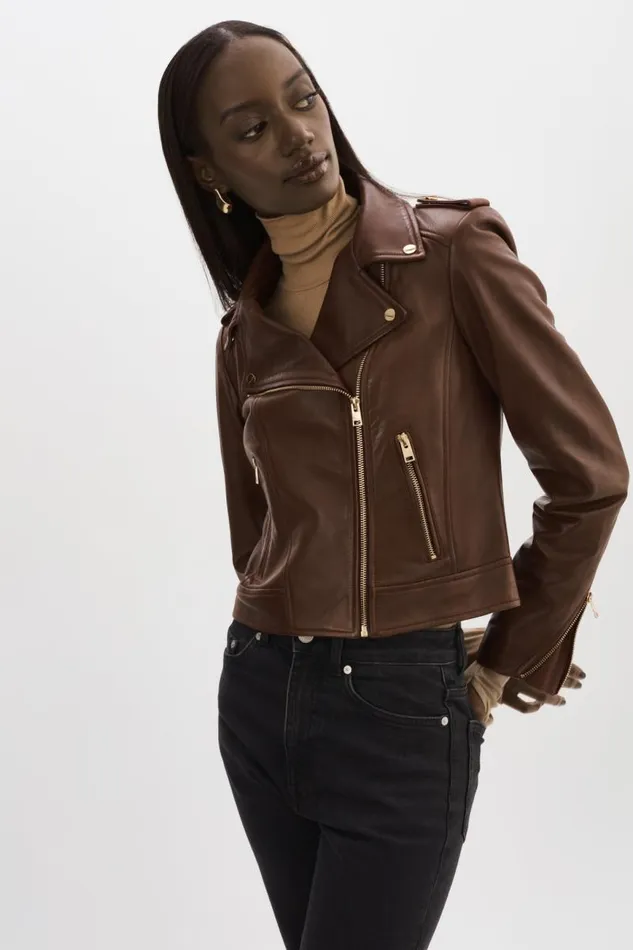 Women DONNA GOLD Iconic Leather Biker Jacket Chocolate LAMARQUE Leather Jackets