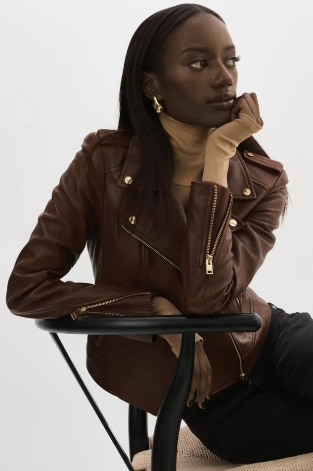 Women DONNA GOLD Iconic Leather Biker Jacket Chocolate LAMARQUE Leather Jackets