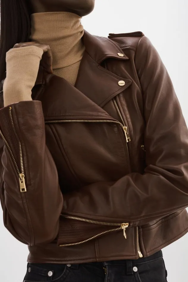 Women DONNA GOLD Iconic Leather Biker Jacket Chocolate LAMARQUE Leather Jackets