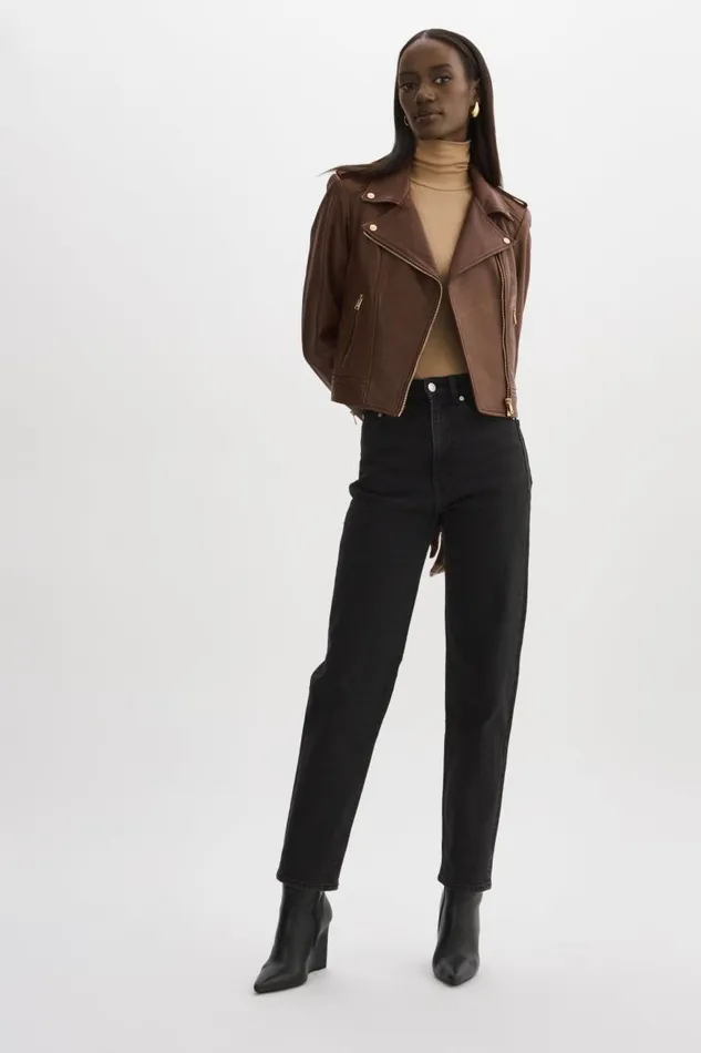 Women DONNA GOLD Iconic Leather Biker Jacket Chocolate LAMARQUE Leather Jackets