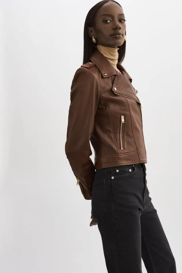 Women DONNA GOLD Iconic Leather Biker Jacket Chocolate LAMARQUE Leather Jackets