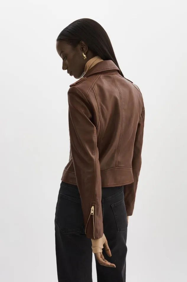 Women DONNA GOLD Iconic Leather Biker Jacket Chocolate LAMARQUE Leather Jackets