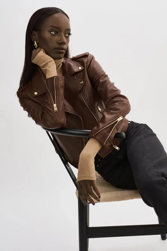 Women DONNA GOLD Iconic Leather Biker Jacket Chocolate LAMARQUE Leather Jackets