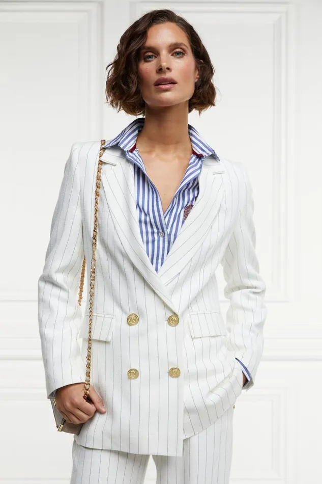 Women Double Breasted Blazer Oyster Linen Pinstripe Holland Cooper Tailoring