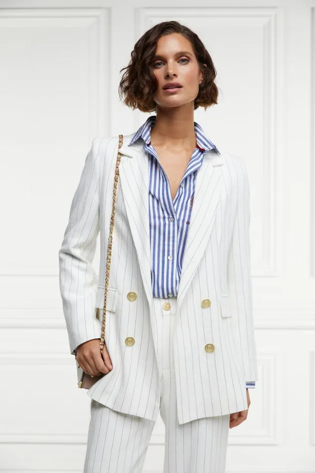 Women Double Breasted Blazer Oyster Linen Pinstripe Holland Cooper Tailoring