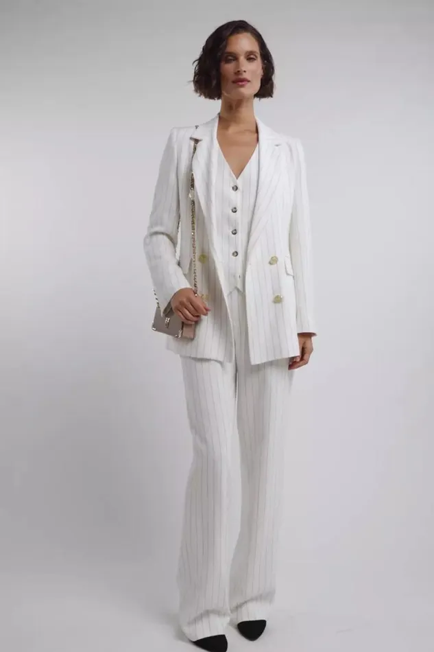 Women Double Breasted Blazer Oyster Linen Pinstripe Holland Cooper Tailoring
