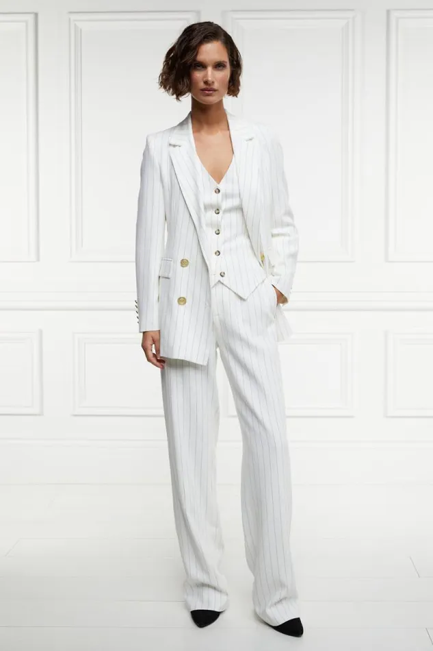 Women Double Breasted Blazer Oyster Linen Pinstripe Holland Cooper Tailoring