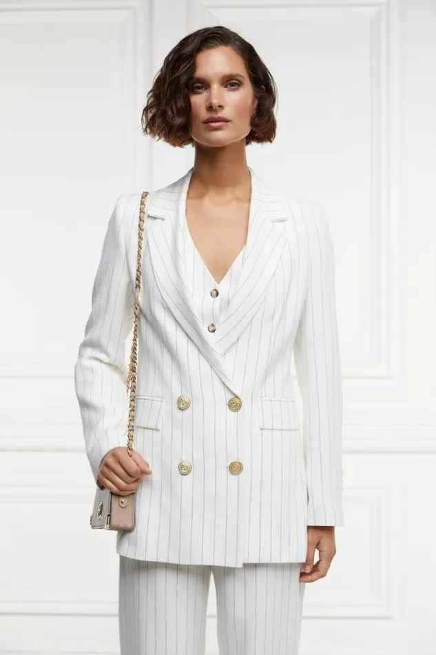 Women Double Breasted Blazer Oyster Linen Pinstripe Holland Cooper Tailoring