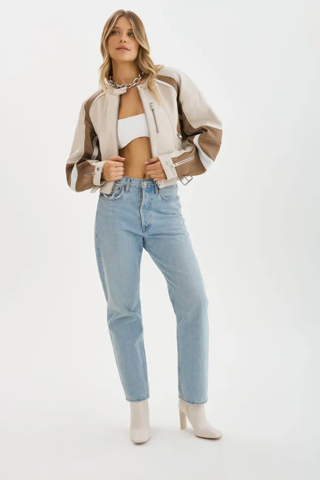 Women DUSTIN Leather Racer Jacket Bonewinter Whitemocha LAMARQUE Leather Jackets